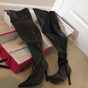 Thigh high black latex boots size 9